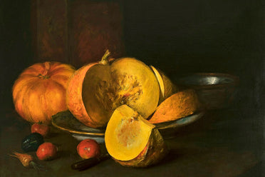 Still life painting of pumpkins and fruits on a dark background