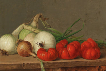 Still life painting of vegetables including tomatoes and onions on a wooden surface.
